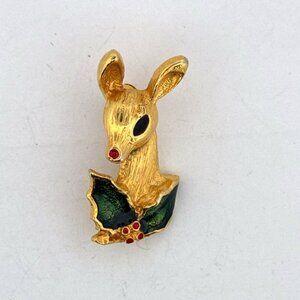 Estate Holiday Reindeer Brooch Green Enamel Red Rhinestone Gold Tone Pin 13.4g